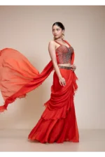 Rust Ruffled Drape Saree with Metallic Aari Work