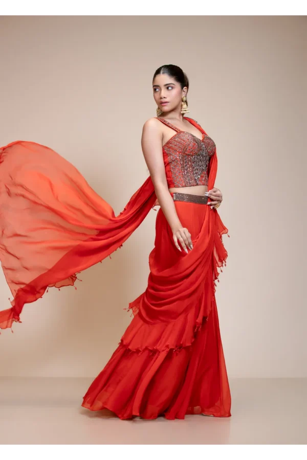 Rust Ruffled Drape Saree with Metallic Aari Work