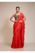 Rust Ruffled Drape Saree with Metallic Aari Work