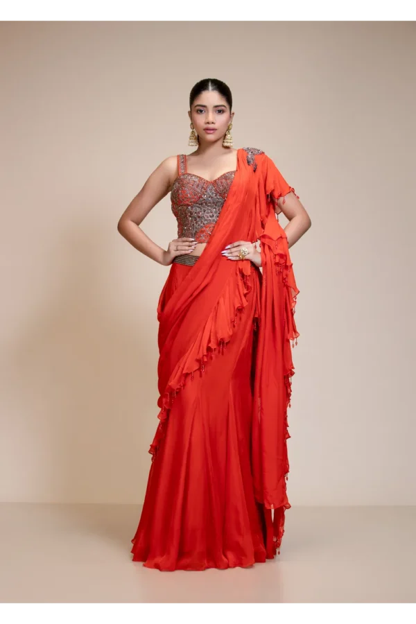 Rust Ruffled Drape Saree with Metallic Aari Work