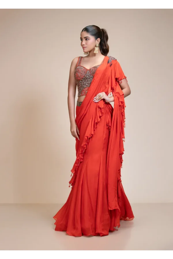 Rust Ruffled Drape Saree with Metallic Aari Work