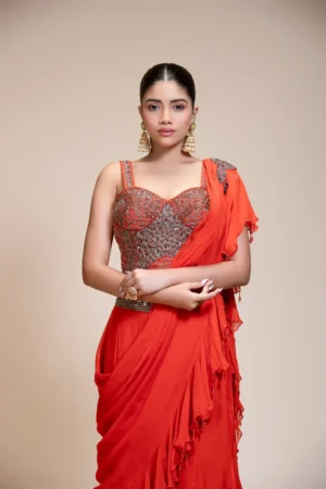 Rust Ruffled Drape Saree with Metallic Aari Work