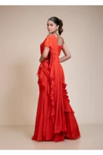 Rust Ruffled Drape Saree with Metallic Aari Work