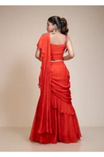 Rust Ruffled Drape Saree with Metallic Aari Work