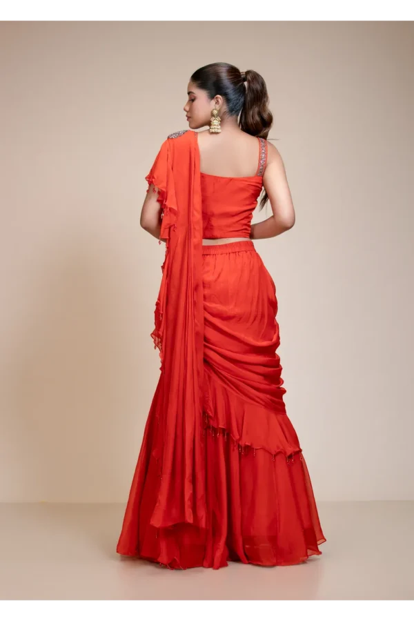 Rust Ruffled Drape Saree with Metallic Aari Work