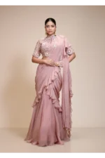 Mauve Ruffled Saree with High Neck Blouse – Elegant Embroidery