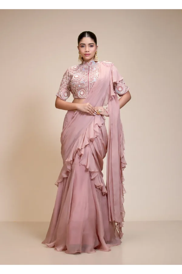 Mauve Ruffled Saree with High Neck Blouse – Elegant Embroidery