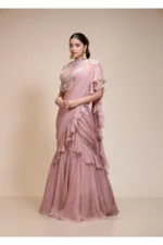 Mauve Ruffled Saree with High Neck Blouse – Elegant Embroidery