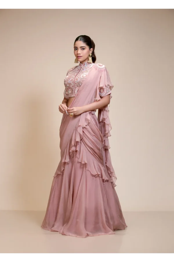 Mauve Ruffled Saree with High Neck Blouse – Elegant Embroidery