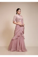 Mauve Ruffled Saree with High Neck Blouse – Elegant Embroidery
