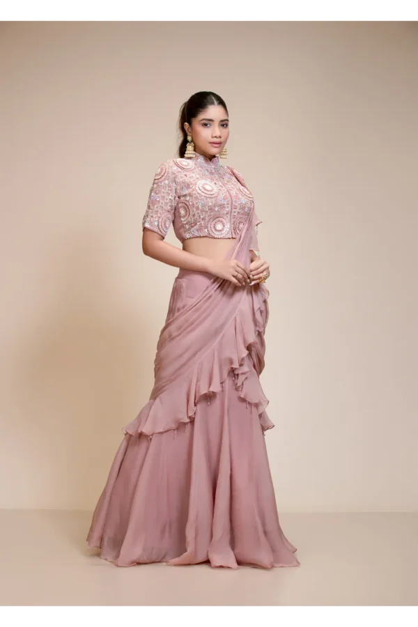 Mauve Ruffled Saree with High Neck Blouse – Elegant Embroidery