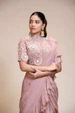 Mauve Ruffled Saree with High Neck Blouse – Elegant Embroidery