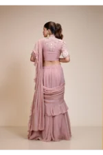 Mauve Ruffled Saree with High Neck Blouse – Elegant Embroidery