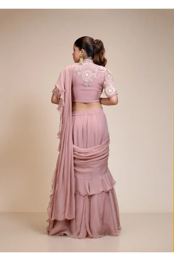 Mauve Ruffled Saree with High Neck Blouse – Elegant Embroidery