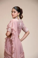 Mauve Ruffled Saree with High Neck Blouse – Elegant Embroidery