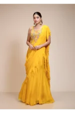 Yellow Ruffled Saree with Resham Work Spaghetti Blouse
