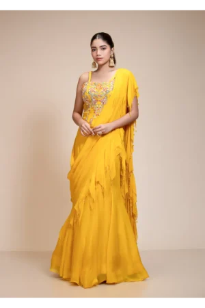 Yellow Ruffled Saree with Embroidered Blouse - Front View