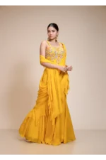 Yellow Ruffled Saree with Resham Work Spaghetti Blouse