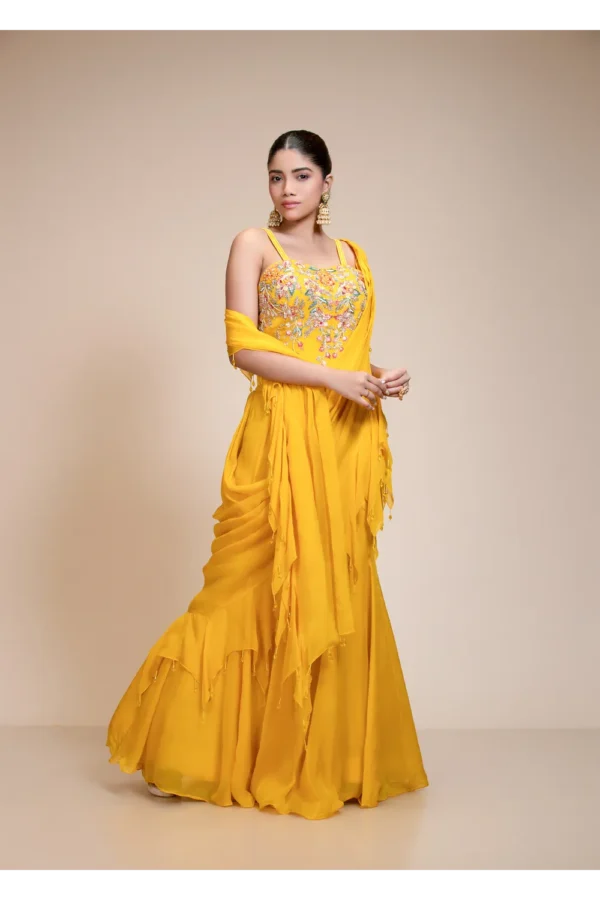 Yellow Ruffled Saree with Resham Work Spaghetti Blouse