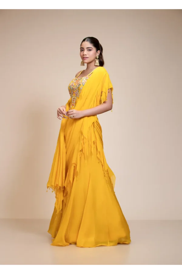Yellow Ruffled Saree with Resham Work Spaghetti Blouse