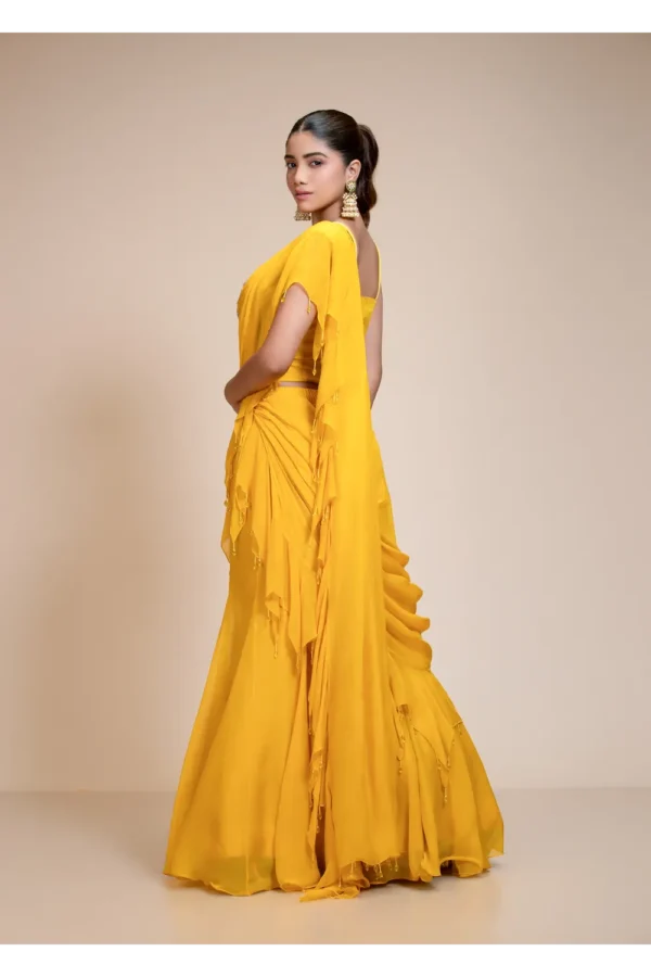 Yellow Ruffled Saree with Resham Work Spaghetti Blouse