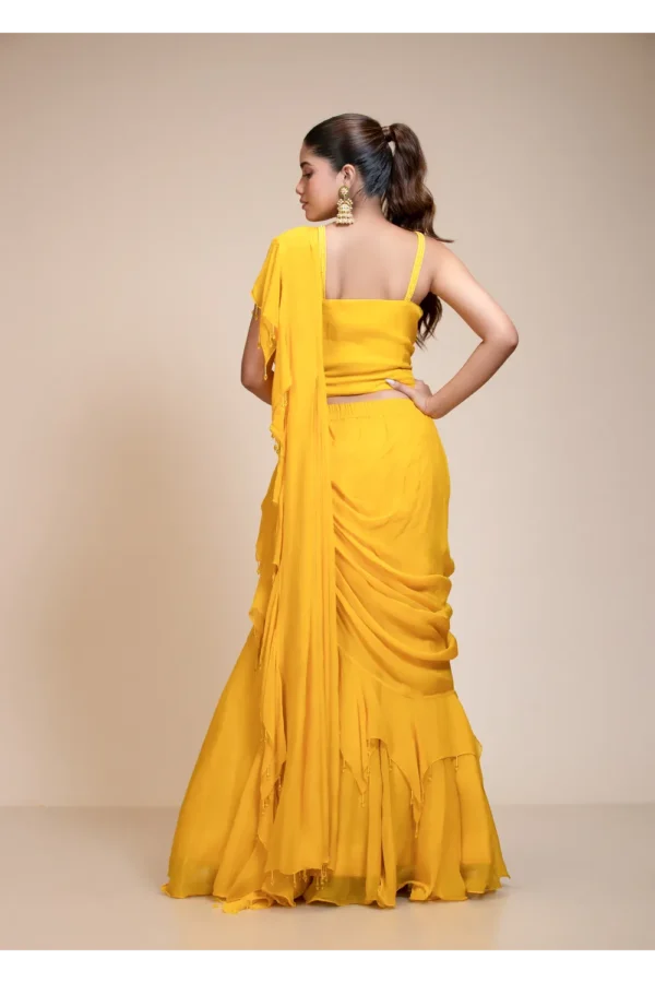 Yellow Ruffled Saree with Resham Work Spaghetti Blouse