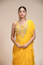Yellow Ruffled Saree with Resham Work Spaghetti Blouse