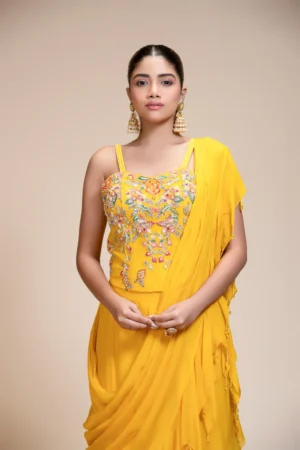 Yellow Ruffled Saree with Resham Work Spaghetti Blouse