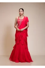 Red Ruffled Drape Saree with Sweetheart Neckline | Organza