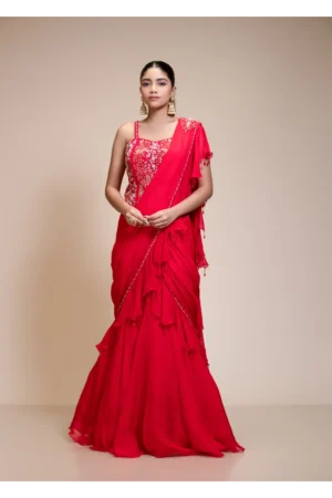 Red embroidered saree with draped organza pallu and intricate floral work, ideal for weddings and festive occasions.