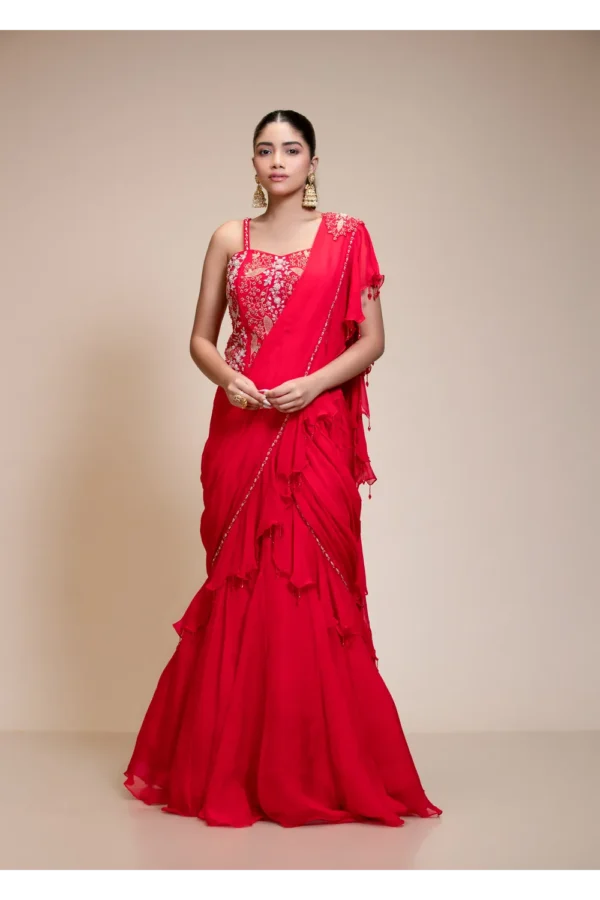 Red Ruffled Drape Saree with Sweetheart Neckline | Organza