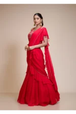 Red Ruffled Drape Saree with Sweetheart Neckline | Organza