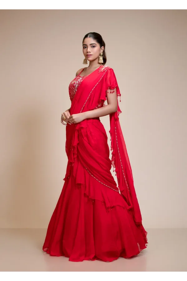 Red Ruffled Drape Saree with Sweetheart Neckline | Organza