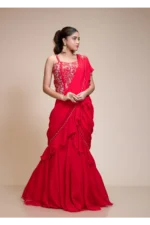 Red Ruffled Drape Saree with Sweetheart Neckline | Organza