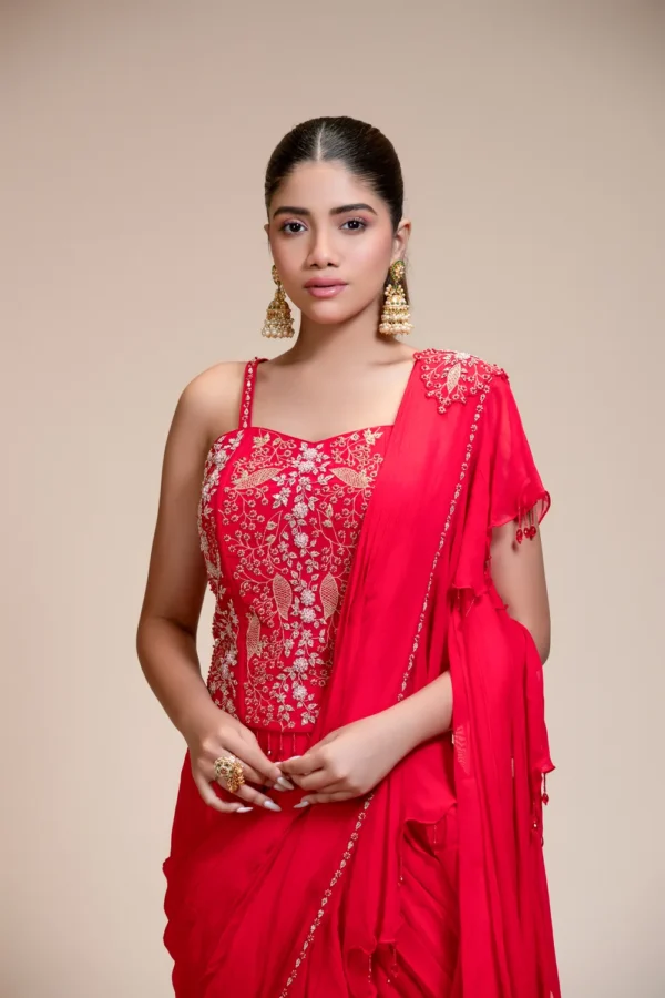 Red Ruffled Drape Saree with Sweetheart Neckline | Organza