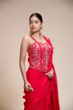 Red Ruffled Drape Saree with Sweetheart Neckline | Organza