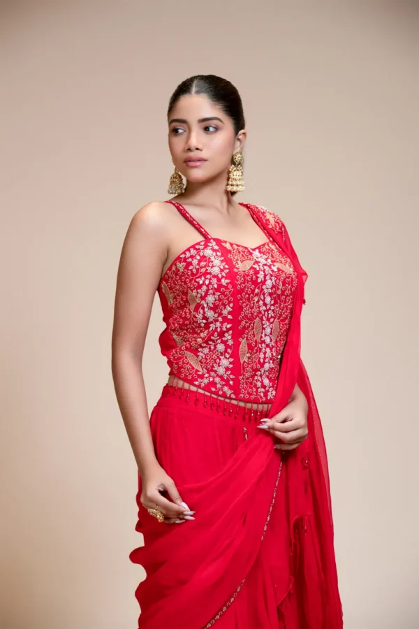 Red Ruffled Drape Saree with Sweetheart Neckline | Organza