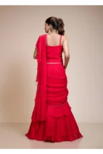 Red Ruffled Drape Saree with Sweetheart Neckline | Organza