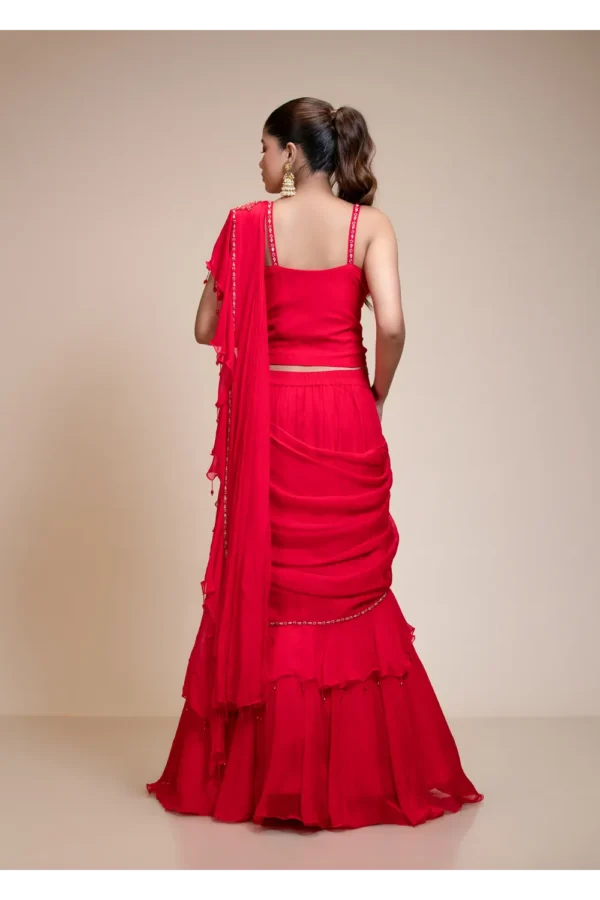 Red Ruffled Drape Saree with Sweetheart Neckline | Organza