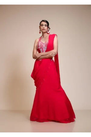 Woman wearing a red Rani drape saree with an embroidered corset blouse, featuring intricate bead and sequin work.