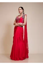 Red Drape Saree With Embroidered Corset Blouse