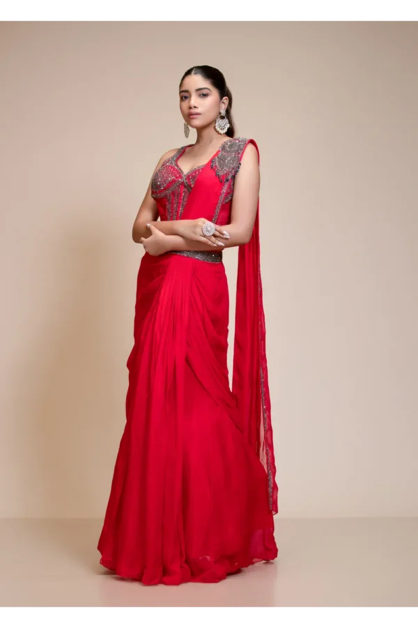 Red Drape Saree With Embroidered Corset Blouse