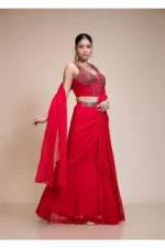 Red Drape Saree With Embroidered Corset Blouse