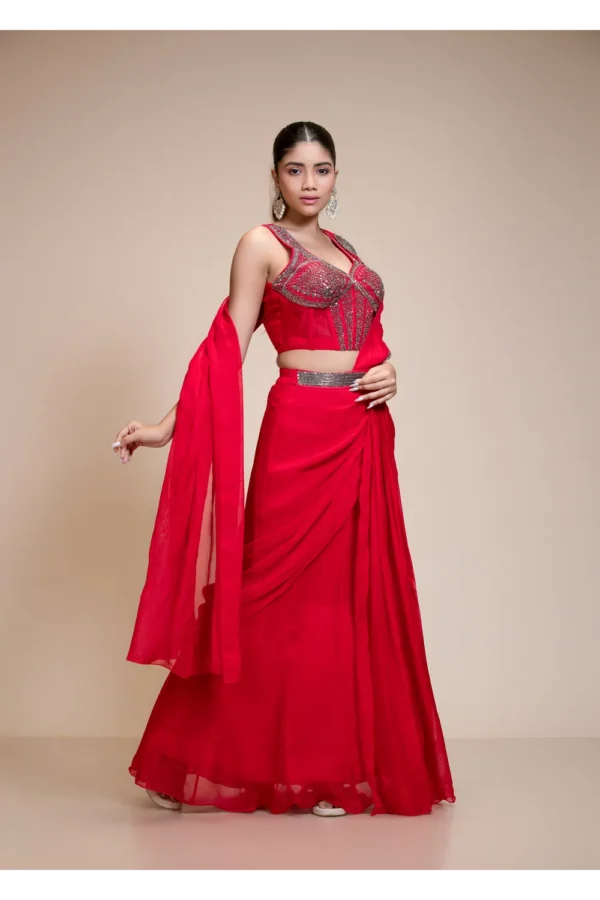 Red Drape Saree With Embroidered Corset Blouse