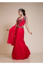 Red Drape Saree With Embroidered Corset Blouse
