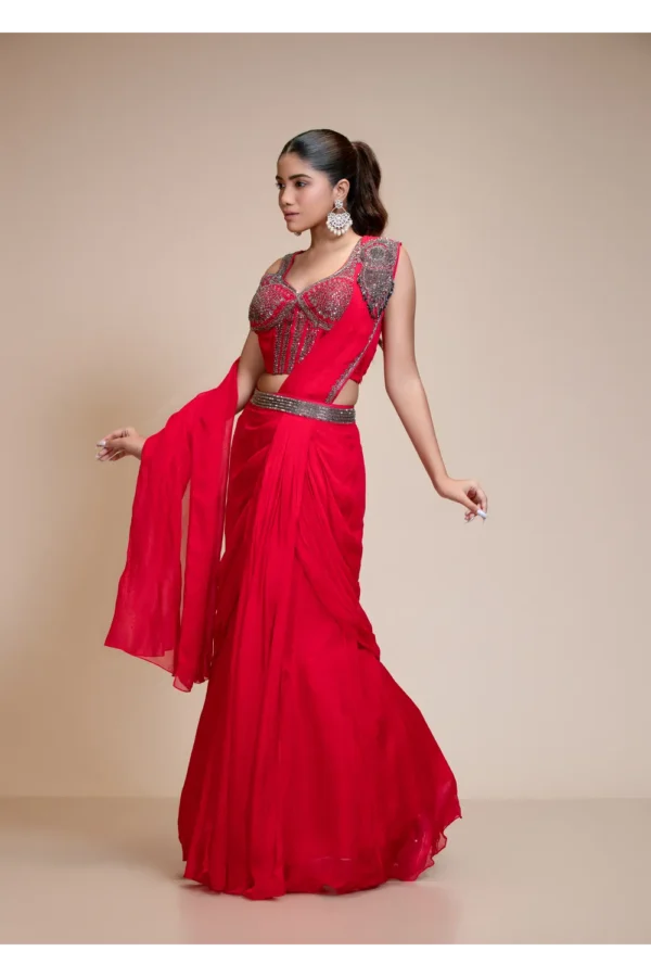 Red Drape Saree With Embroidered Corset Blouse