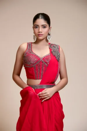 Red Drape Saree With Embroidered Corset Blouse