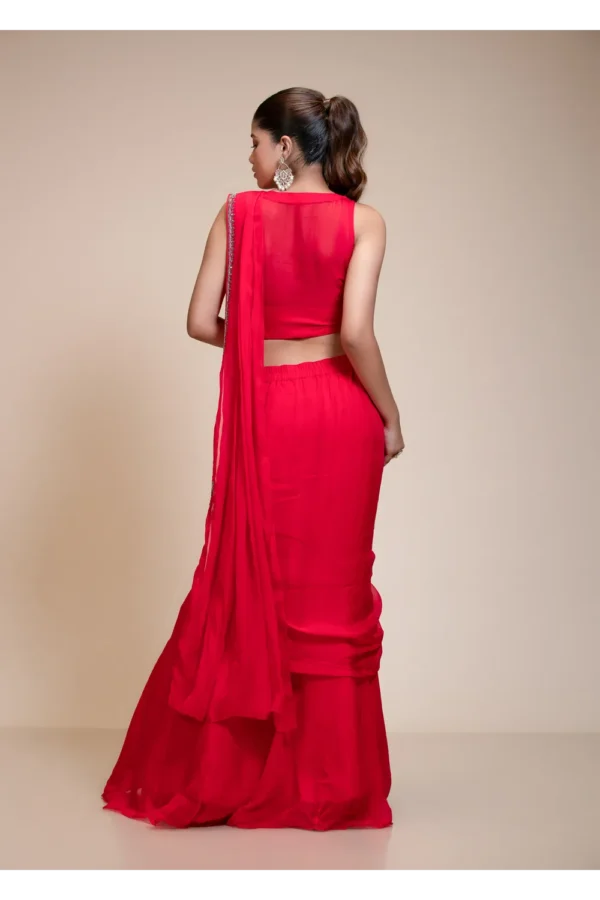 Red Drape Saree With Embroidered Corset Blouse