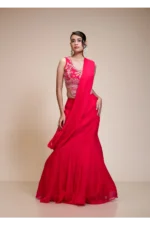 Rani Pink Drape Saree with Multi-Colour Embroidered Blouse