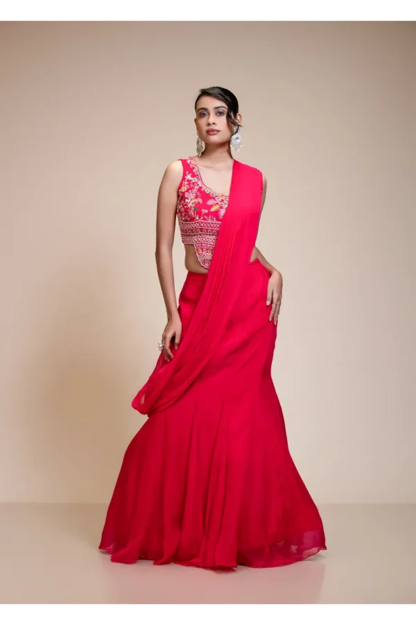 Rani Pink Drape Saree with Multi-Colour Embroidered Blouse